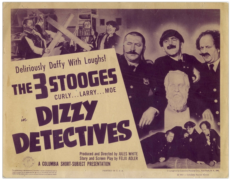 Lobby Card for the 1943 Three Stooges Film ''Dizzy Detectives'' Starring Curly -- Measures 14'' x 11'' -- Pinholes, Mostly to Margins, Creasing at Corners & Light Toning; Overall Very Good Condition